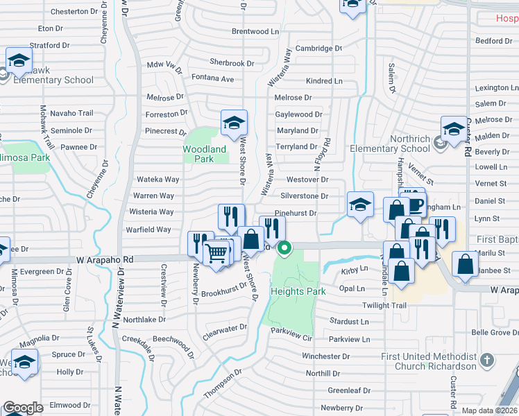 map of restaurants, bars, coffee shops, grocery stores, and more near 729 Silverstone Drive in Richardson