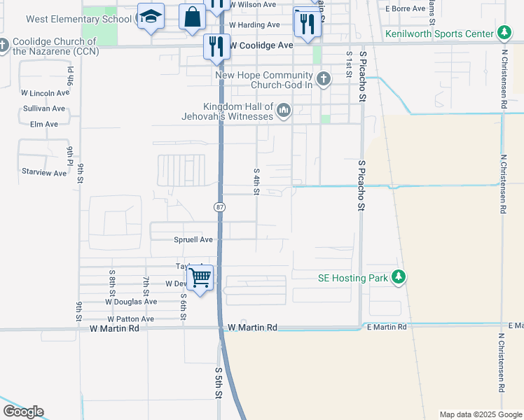 map of restaurants, bars, coffee shops, grocery stores, and more near 1285 South 4th Street in Coolidge