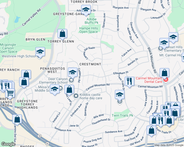 map of restaurants, bars, coffee shops, grocery stores, and more near 13533 Bidwell Court in San Diego