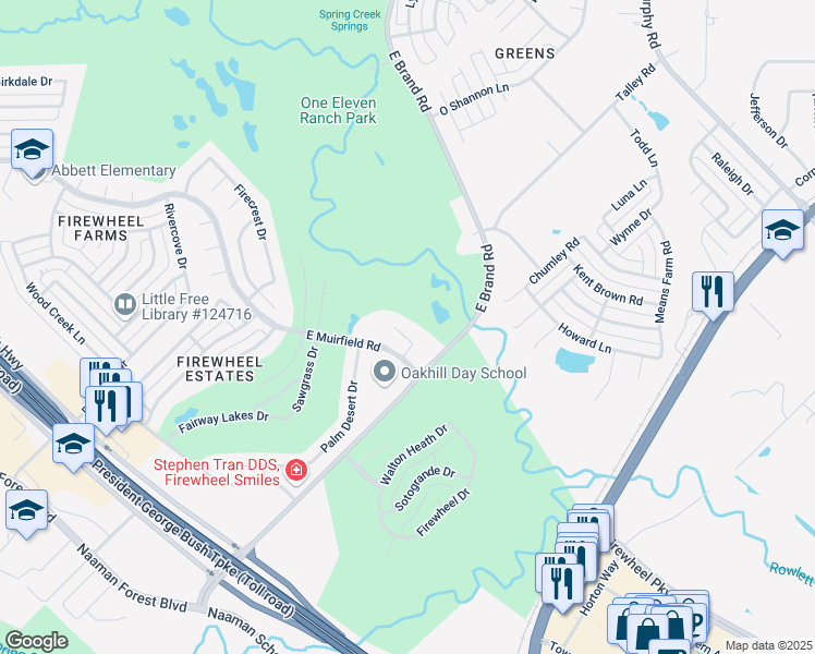map of restaurants, bars, coffee shops, grocery stores, and more near 717 Carnoustie Court in Garland