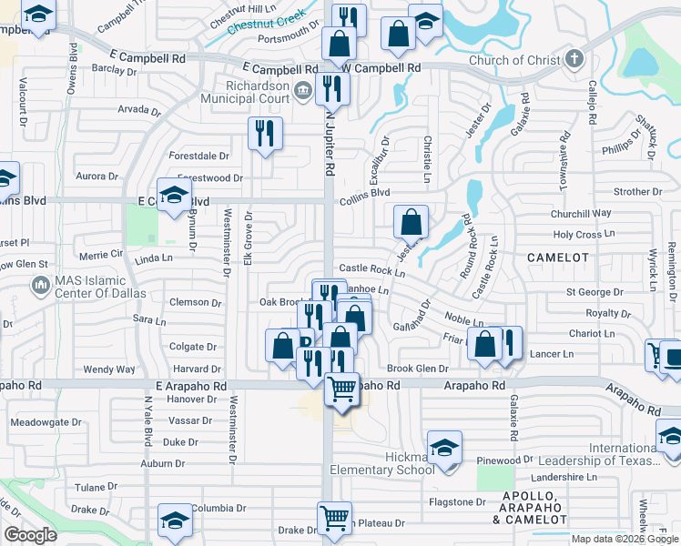 map of restaurants, bars, coffee shops, grocery stores, and more near 3445 Castle Rock Lane in Garland