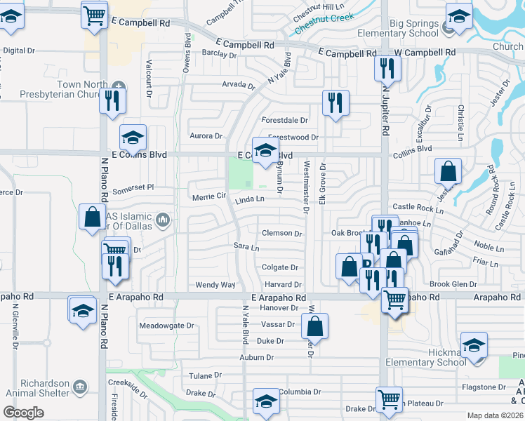 map of restaurants, bars, coffee shops, grocery stores, and more near 1816 Linda Lane in Richardson