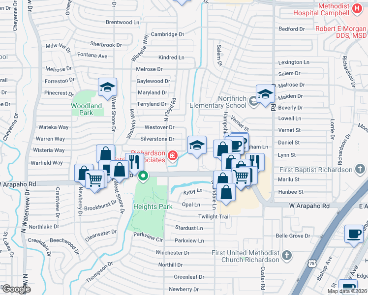 map of restaurants, bars, coffee shops, grocery stores, and more near 631 Silverstone Drive in Richardson