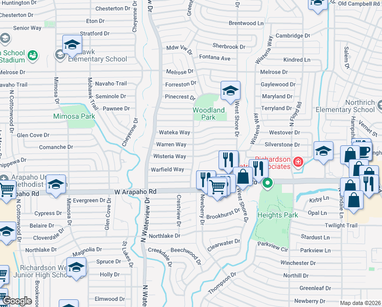 map of restaurants, bars, coffee shops, grocery stores, and more near 829 Warren Way in Richardson