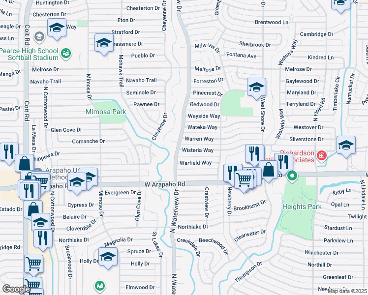 map of restaurants, bars, coffee shops, grocery stores, and more near 923 Warren Way in Richardson