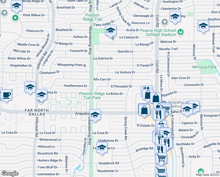 map of restaurants, bars, coffee shops, grocery stores, and more near 7709 El Pensador Drive in Dallas