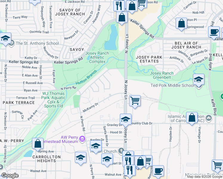 map of restaurants, bars, coffee shops, grocery stores, and more near 1814 Elmwood Lane in Carrollton