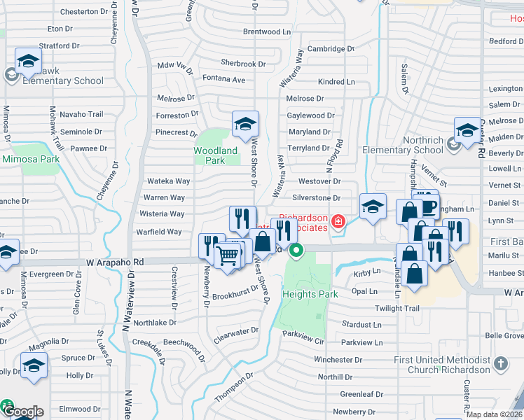 map of restaurants, bars, coffee shops, grocery stores, and more near 800 Wisteria Way in Richardson