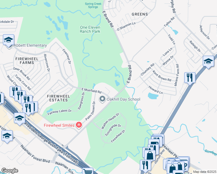 map of restaurants, bars, coffee shops, grocery stores, and more near 717 Carnoustie Court in Garland