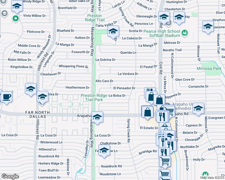 map of restaurants, bars, coffee shops, grocery stores, and more near 7709 El Pensador Drive in Dallas