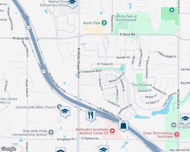 map of restaurants, bars, coffee shops, grocery stores, and more near 1845 Riviera Lane in Southlake