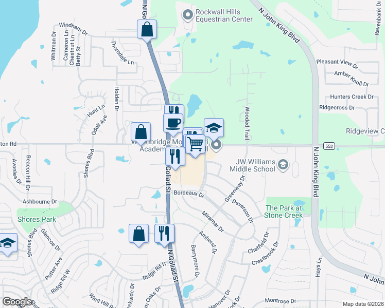 map of restaurants, bars, coffee shops, grocery stores, and more near 1113 Farm to Market Road 552 in Rockwall