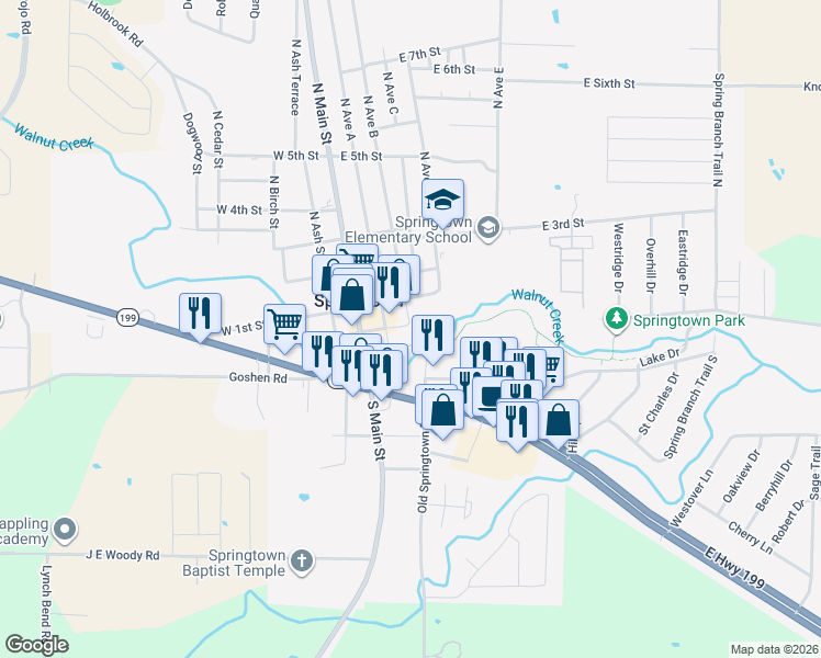 map of restaurants, bars, coffee shops, grocery stores, and more near 306 East 1st Street in Springtown
