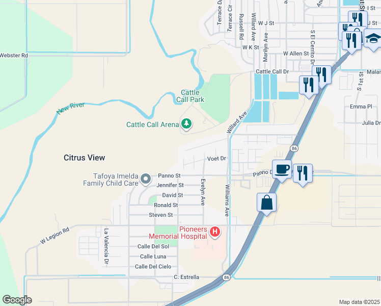 map of restaurants, bars, coffee shops, grocery stores, and more near 825 Rodeo Drive in Brawley