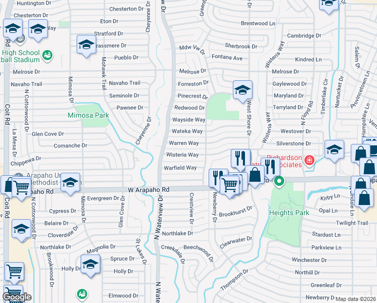 map of restaurants, bars, coffee shops, grocery stores, and more near 909 Warren Way in Richardson