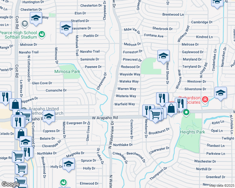 map of restaurants, bars, coffee shops, grocery stores, and more near 923 Warren Way in Richardson