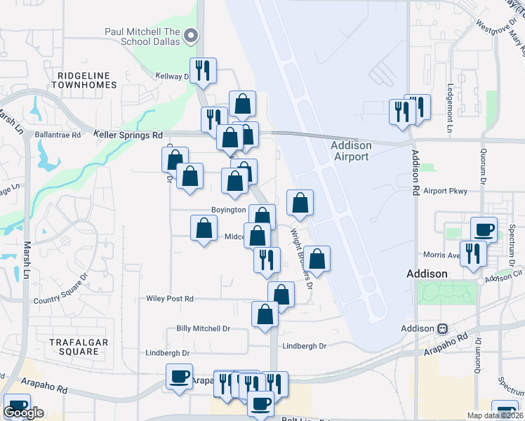 map of restaurants, bars, coffee shops, grocery stores, and more near 4300 Boyington Drive in Carrollton