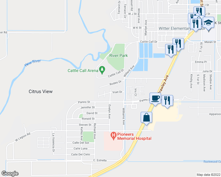 map of restaurants, bars, coffee shops, grocery stores, and more near 844 Evelyn Avenue in Brawley