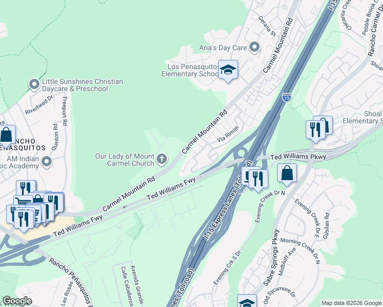 map of restaurants, bars, coffee shops, grocery stores, and more near 10462 Caminito Rimini in San Diego