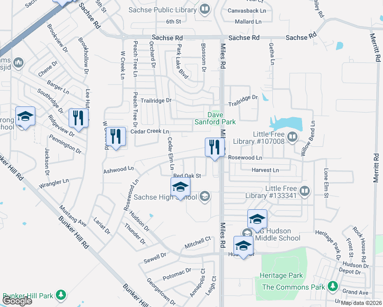 map of restaurants, bars, coffee shops, grocery stores, and more near 4706 Cedar Creek Circle in Sachse