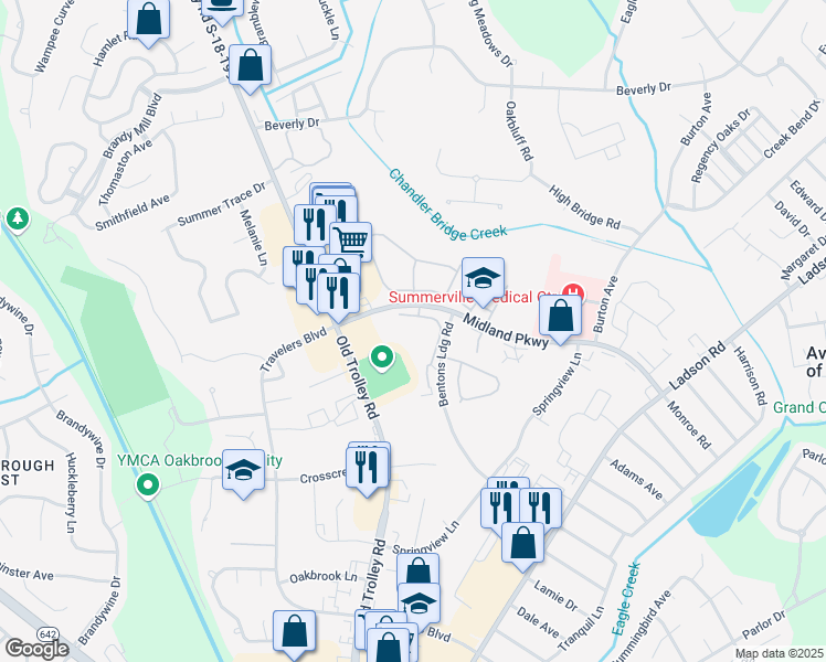 map of restaurants, bars, coffee shops, grocery stores, and more near 4204 Meadowbrook Court in North Charleston
