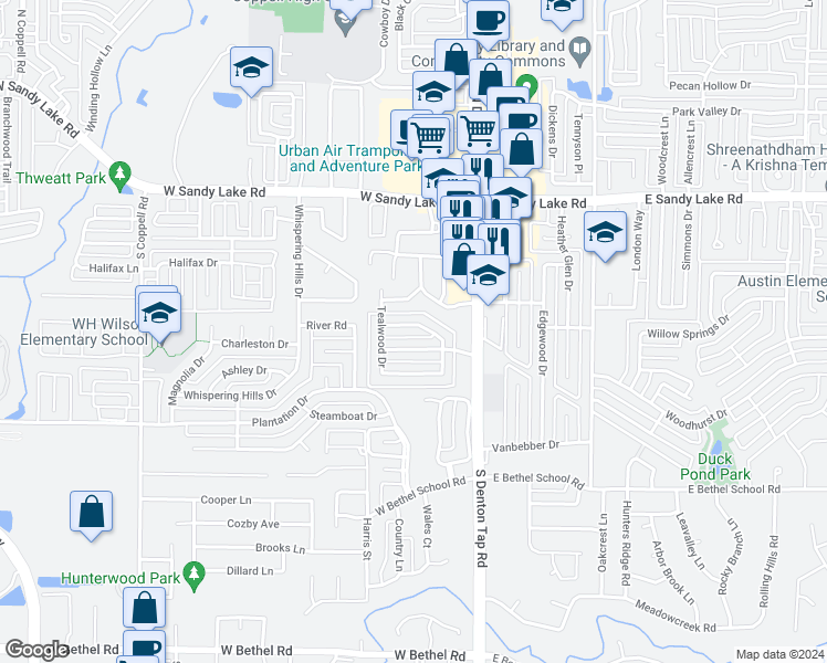 map of restaurants, bars, coffee shops, grocery stores, and more near 125 Hearthwood Drive in Coppell