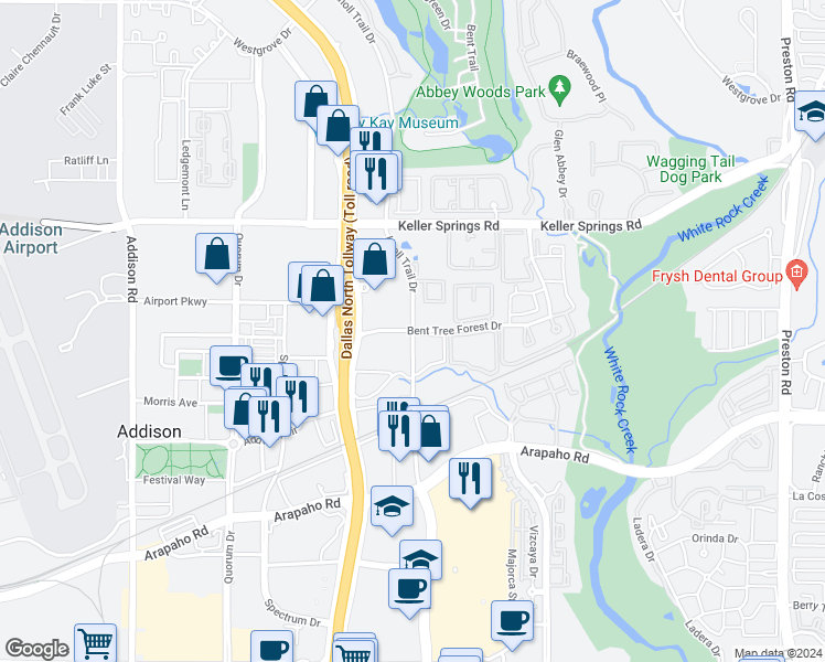 map of restaurants, bars, coffee shops, grocery stores, and more near 5199 Bent Tree Forest Drive in Dallas