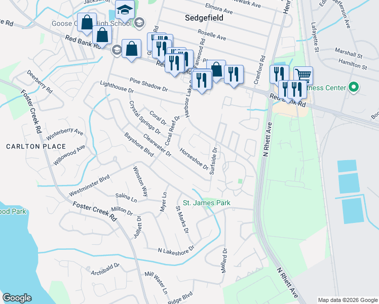 map of restaurants, bars, coffee shops, grocery stores, and more near 4000 Harbour Lake Drive in Goose Creek