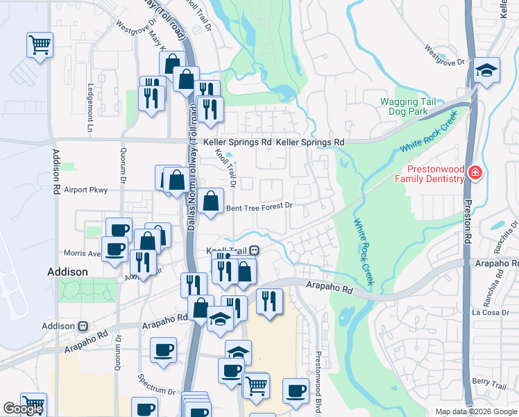 map of restaurants, bars, coffee shops, grocery stores, and more near Bent Tree Forest Drive in Dallas