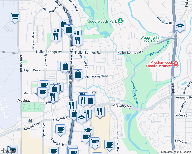 map of restaurants, bars, coffee shops, grocery stores, and more near Bent Tree Forest Drive in Dallas