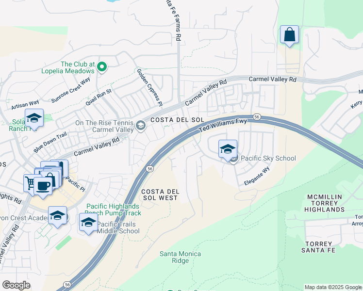 map of restaurants, bars, coffee shops, grocery stores, and more near 13560 1/2 Rancho Santa Fe Farms Road in San Diego