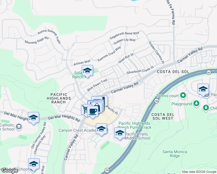 map of restaurants, bars, coffee shops, grocery stores, and more near 13502 Blue Lace Trail in San Diego