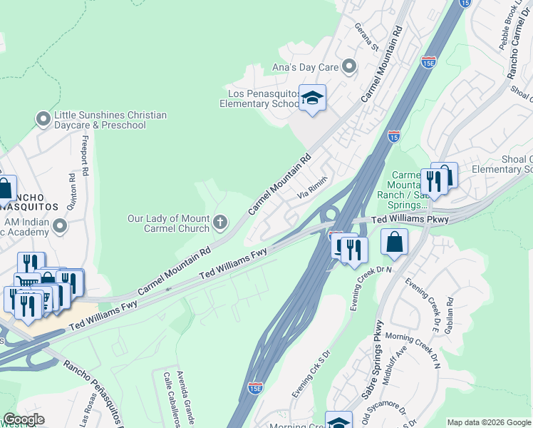 map of restaurants, bars, coffee shops, grocery stores, and more near 10462 Caminito Rimini in San Diego