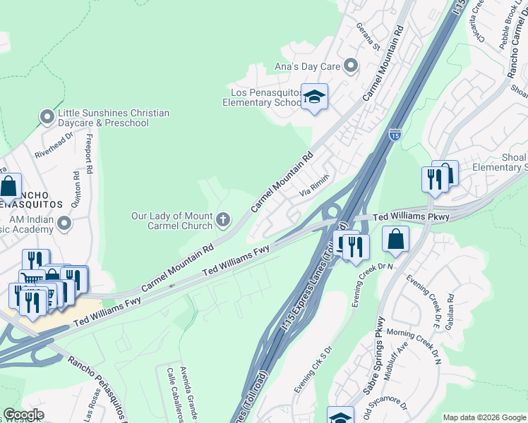 map of restaurants, bars, coffee shops, grocery stores, and more near 10462 Caminito Rimini in San Diego