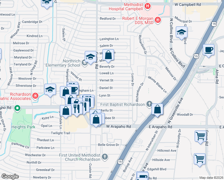 map of restaurants, bars, coffee shops, grocery stores, and more near 424 Daniel Street in Richardson