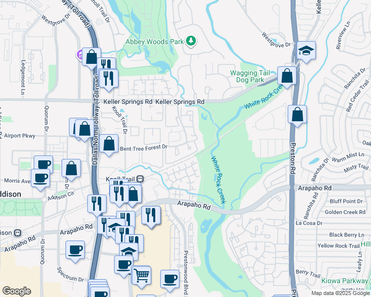 map of restaurants, bars, coffee shops, grocery stores, and more near 15905 Bent Tree Forest Circle in Dallas