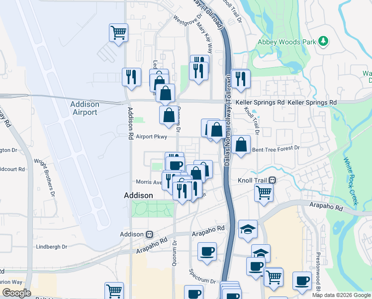 map of restaurants, bars, coffee shops, grocery stores, and more near 5015 Meridian Lane in Addison