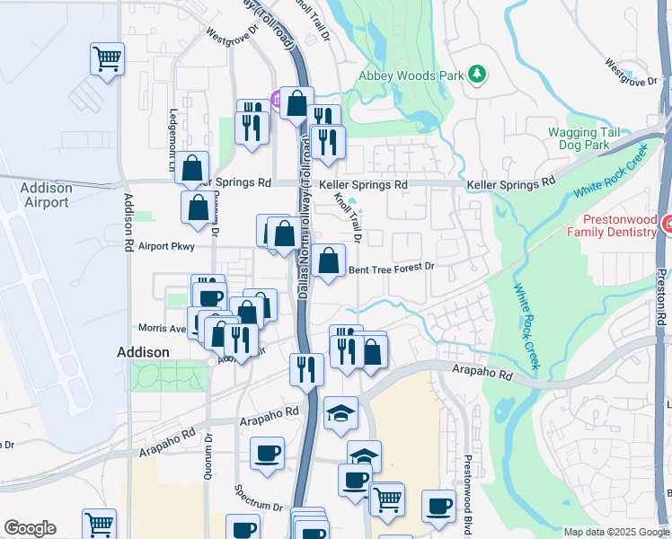 map of restaurants, bars, coffee shops, grocery stores, and more near 5151 Bent Tree Forest Drive in Dallas