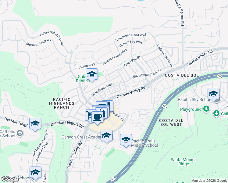 map of restaurants, bars, coffee shops, grocery stores, and more near 13502 Blue Lace Trail in San Diego