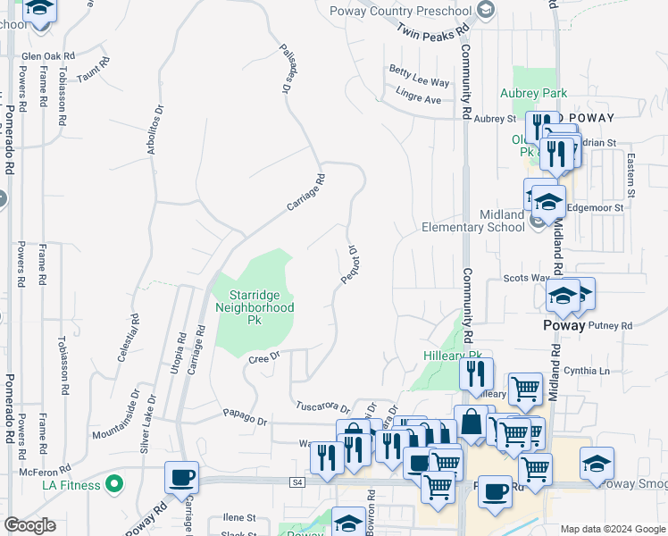 map of restaurants, bars, coffee shops, grocery stores, and more near 13620 Catawba Drive in Poway