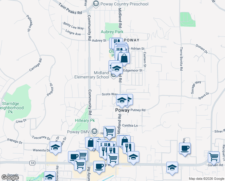 map of restaurants, bars, coffee shops, grocery stores, and more near 13850 Midgrove Court in Poway