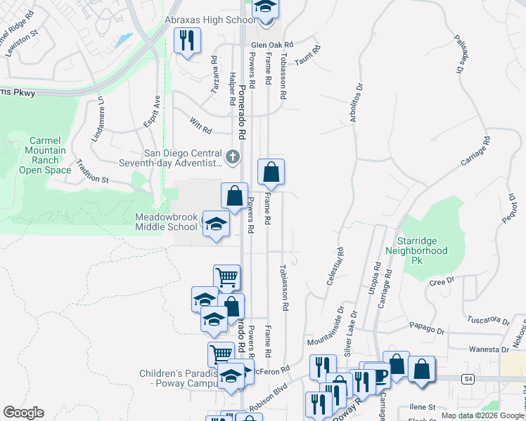 map of restaurants, bars, coffee shops, grocery stores, and more near 13837 Powers Road in Poway
