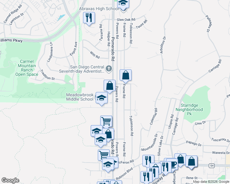 map of restaurants, bars, coffee shops, grocery stores, and more near 13824 Powers Road in Poway