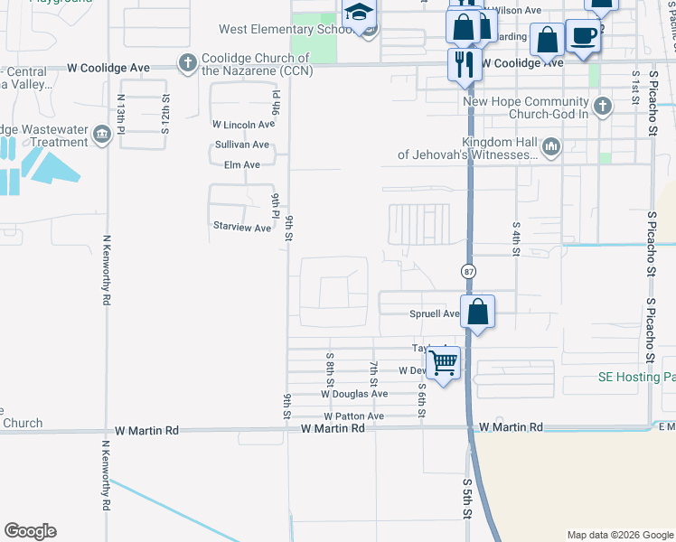 map of restaurants, bars, coffee shops, grocery stores, and more near 805 West Gibson Avenue in Coolidge