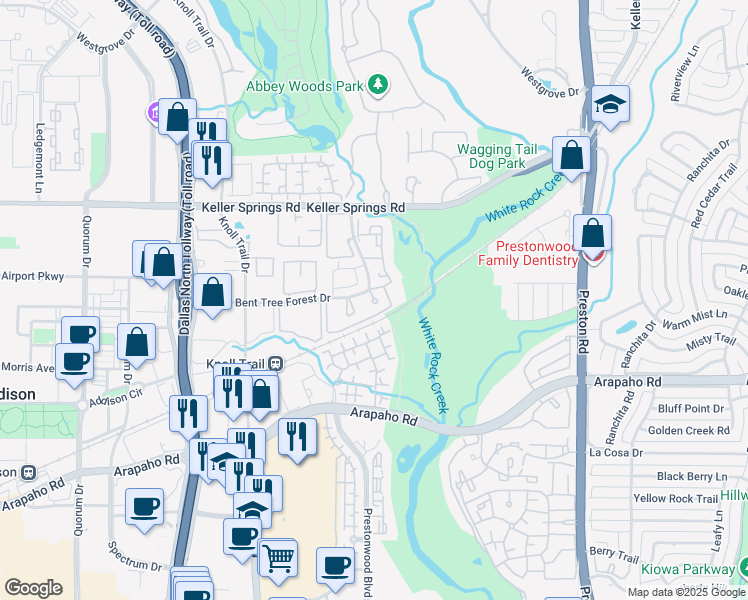 map of restaurants, bars, coffee shops, grocery stores, and more near 15905 Bent Tree Forest Circle in Dallas