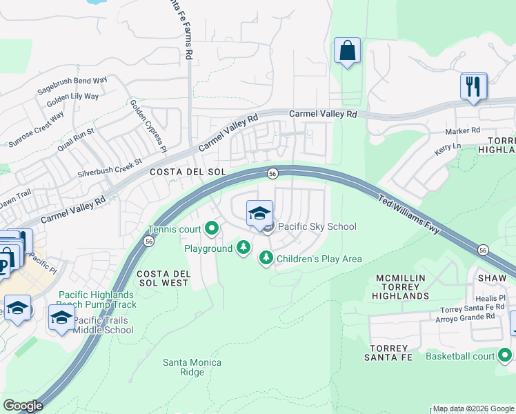 map of restaurants, bars, coffee shops, grocery stores, and more near 13521 Cielo Ranch Road in San Diego