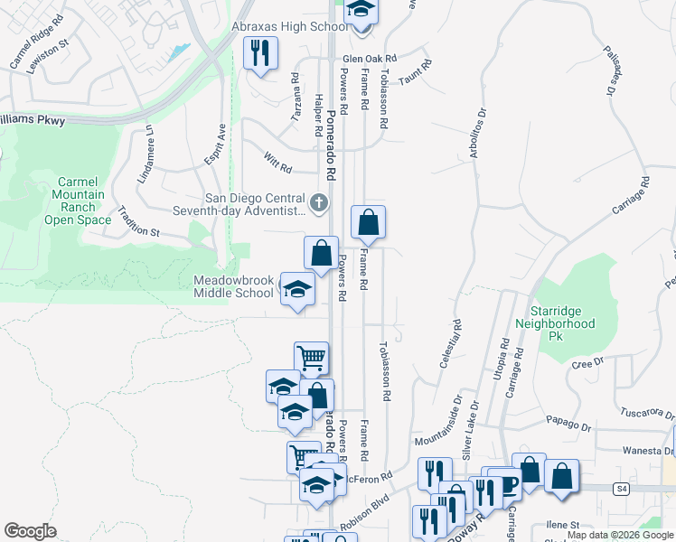 map of restaurants, bars, coffee shops, grocery stores, and more near 13824 Powers Road in Poway