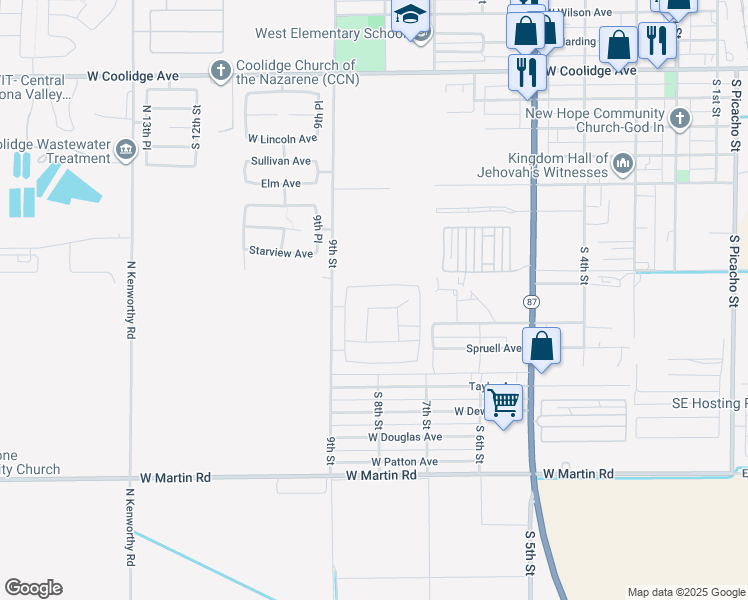 map of restaurants, bars, coffee shops, grocery stores, and more near 805 West Gibson Avenue in Coolidge
