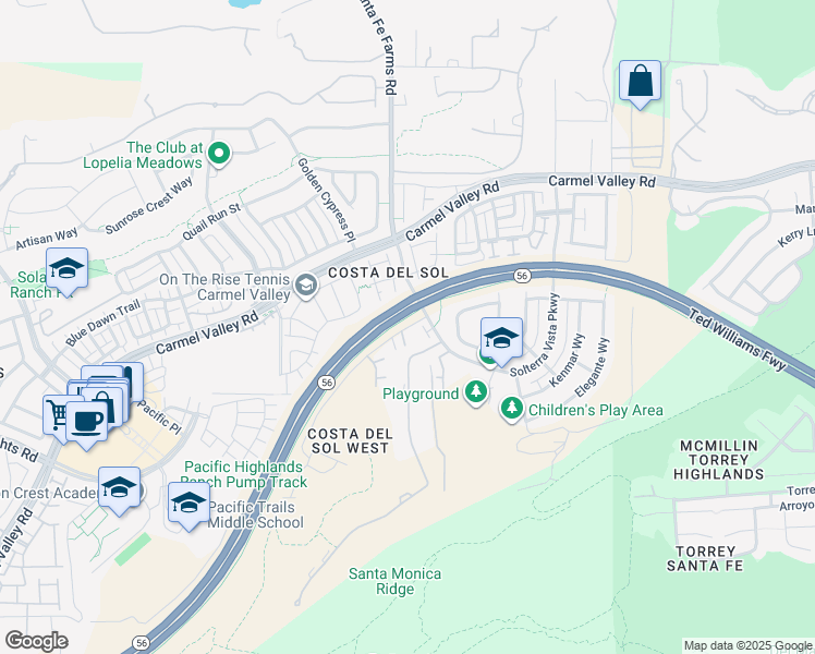 map of restaurants, bars, coffee shops, grocery stores, and more near 13560 1/2 Rancho Santa Fe Farms Road in San Diego