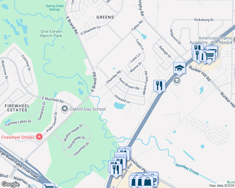 map of restaurants, bars, coffee shops, grocery stores, and more near 1217 Homer Johnson Lane in Garland